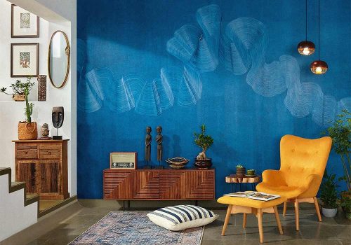 blue textured accent wall designs with a yellow sofa chair bea